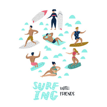 Characters People Surfing at the Beach. Man and Woman Cartoon Surfers. Water Sport Concept. Vector illustration