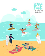 Obraz na płótnie Canvas Characters People Surfing at the Beach Poster, Banner, Brochure. Man and Woman Cartoon Surfers. Water Sport Concept. Vector illustration