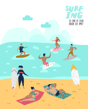 Characters People Surfing at the Beach Poster, Banner, Brochure. Man and Woman Cartoon Surfers. Water Sport Concept. Vector illustration