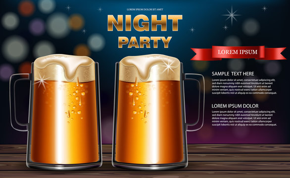 Beer mugs Vector realistic. Party flyer with drinks 3d mock up illustrations