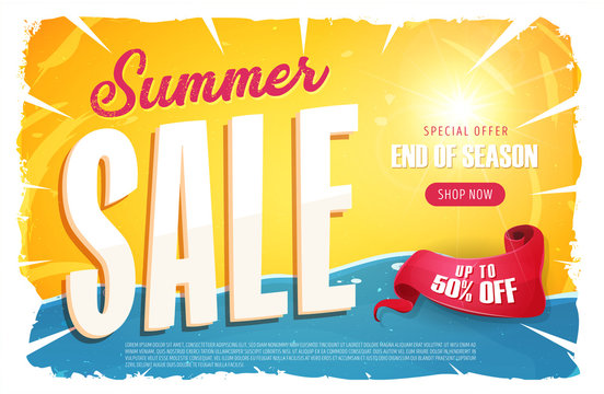 Hot Summer Sale Banner/
Illustration of a summer sale template banner with colorul elements, typography and grunge frame