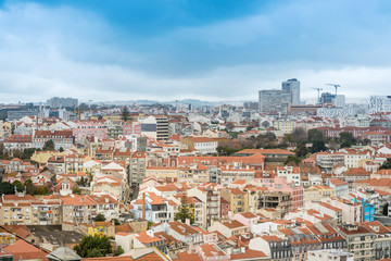Fototapeta na wymiar Lisbon, Portugal.- February 11, 2018 : Traditional old buildings in Lisbon, Portugal, Europe