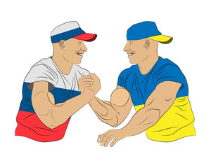 conflict between Russian and Ukraine countries: two men fight wrestling. Clothes in Ukraine and Russian flags slyle