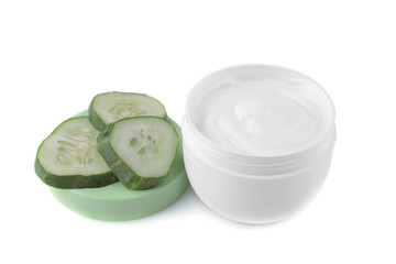 Face cream with cucumber extract with fresh cucumbers on a white background. isolated