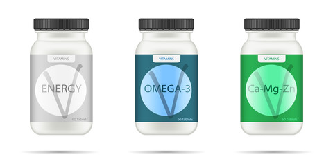 White matte plastic bottle with black lid for vitamins, tablets, pills. Realistic packaging mockup template with sample design. Medical container. Front view. Vector illustration.