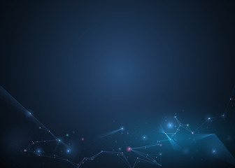 Fototapeta premium Abstract Molecules with Circles, Lines, Geometric, Polygon, Triangle pattern. Vector design network communication technology on dark blue background. Futuristic- digital science technology concept