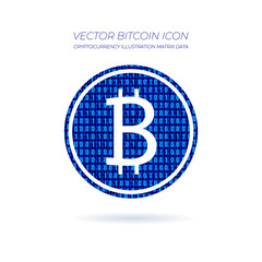 Vector Bitcoin Icon, Matrix Data Blue Pattern, Conceptual Graphic Art.