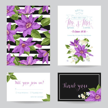 Wedding Invitation Template with Clematis Flowers. Tropical Floral Save the Date Card. Exotic Flower Romantic Design for Greeting Postcard, Birthday, Anniversary. Vector illustration