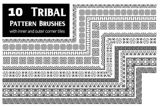 Tribal, ethnic vector pattern brushes with inner and outer corner tiles. Perfect for creating design elements, geometric ornament, frames, borders and more. All used brushes included in brush palette.