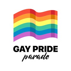 Gay pride parade event vector flat card with lgbt rainbow flag