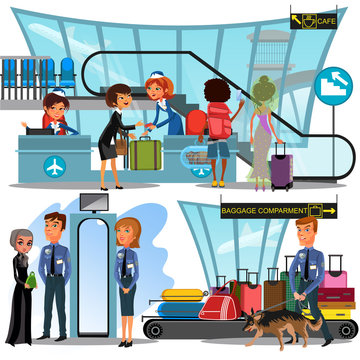Check in airport with lady on counter and man and woman passengers with luggage vector illustration, check in passport documents before people flight to vacation, departure gate and baggage belt