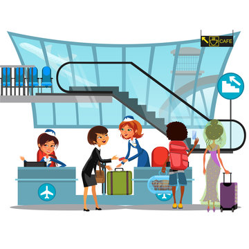 Check in airport with lady on counter and man and woman passengers with luggage vector illustration, check in baggage passport documents before people flight to vacation