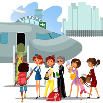 People climb ladder aboard plane, landing men and women on airplane at airport vector illustration, passengers with bags and suitcase sut go up stairs to aircraft
