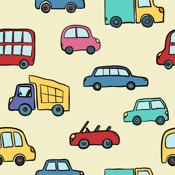 Seamless pattern of hand drawn cute cartoon cars for kids design. Vector illustration wrapping, package, poster, web design, kids fabric, textile, nursery wallpaper. Set of cartoon cars, truck, bus