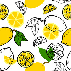 Beautiful yellow, black and white seamless doodle pattern with cute doodle lemons sketch. Hand drawn trendy background. design background greeting cards, invitations, fabric and textile.