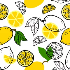 Foto op Plexiglas Citroen Mooie gele, zwarte en witte naadloze doodle patroon met schattige doodle citroenen schets. Hand getekende trendy achtergrond. ontwerp achtergrond wenskaarten, uitnodigingen, stof en textiel.