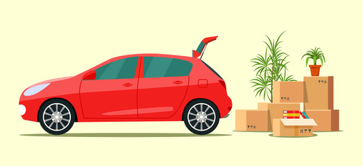 Things in the box next to the trunk of the car. Moving with boxes.  Vector flat style illustration