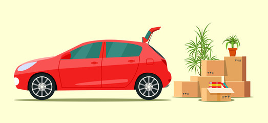 Things in the box next to the trunk of the car. Moving with boxes.  Vector flat style illustration © lyudinka