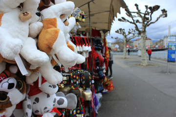 Geneva, Switzerland - March 30,2018: Shop with souvenirs on the street in Geneva, city center. Close up, copy space