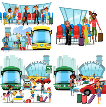 People in airport flat color icons set of pilot stewardess tourists with travel bags at checkpoint and security screening isolated vector illustration