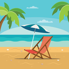 Beach chaise longue with umbrella, beach scene with sea and palms. Vector illustration in flat style - obrazy, fototapety, plakaty