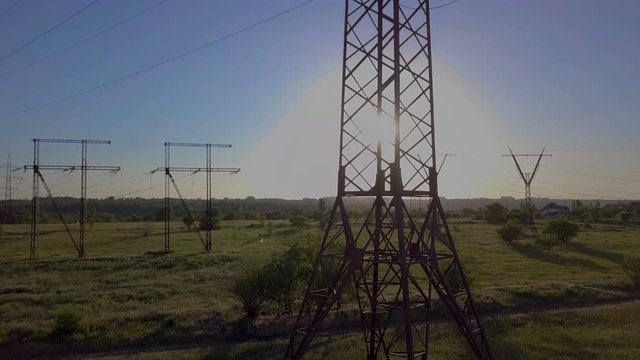 Aerial View of Electricity pylons. Fuel and power generation. 4K