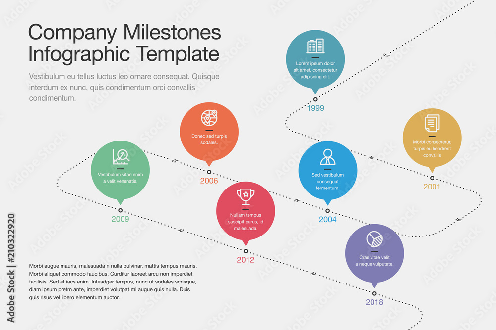 Fototapete Simple visualization for company milestones timeline template with colorful circles and stroke icons on a curved road line. Easy to use for your website or presentation.