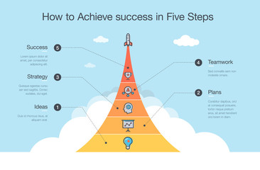 Simple Vector infographic for how to achieve success in five steps with space rocket and icons. Easy to use for your website or presentation. - obrazy, fototapety, plakaty