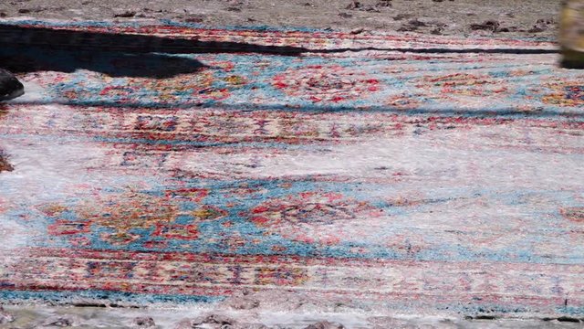 A medium shot of a carpet being cleaned by two people. The carpets are made in Kabul.