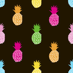Seamless pattern with creative colorful pineapples on the black backgrounds.