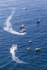 Blue sea and leisure boats. Amalfi Coast, Vico Equense. Italy