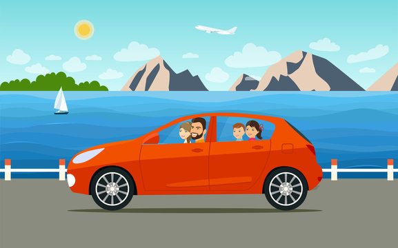 Funny  family driving in car on weekend holiday. Summer sea landscape.Vector flat style illustration