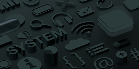 Black 3d system background with web symbols.