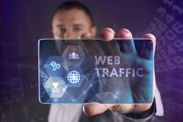 The concept of business, technology, the Internet and the network. A young entrepreneur working on a virtual screen of the future and sees the inscription: Web traffic