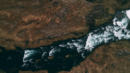 top down aerial hsot of river in iceland