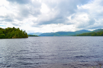 Loch Katrine (Katrine Lake) in Scottish Highlands. Beautiful lake in middle of nature and mountains