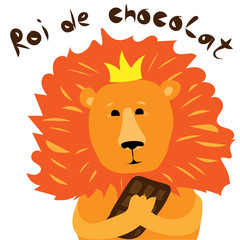 Lion king with a big chocolate bar vector illustration for a greeting card