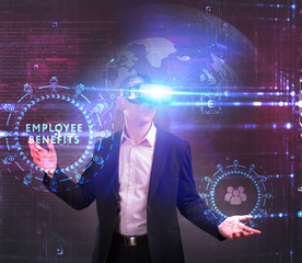 Business, Technology, Internet and network concept. Young businessman working in virtual reality glasses sees the inscription: Employee benefits