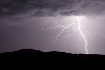 Allariz, Galicia / Spain - Jun 21 2018: lightning strike during a thunderstorm.