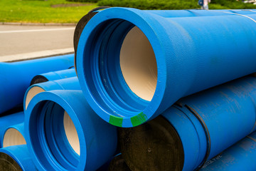 Large blue water pipes for water supply repair