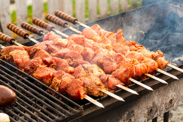 Fresh skewers on fire in the grill, frying meat on skewers over an open fire.