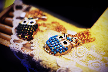Fototapeta premium Fashion owl necklace with gemstones for sale on a piece of lace