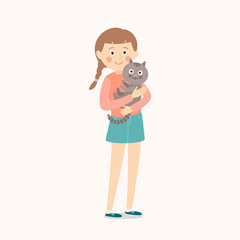 Happy child with a cat. Teenage girl with her cat. Best friends. Cartoon vector clip art illustration on white background.