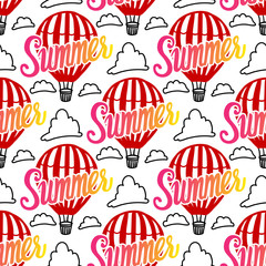 Vector Seamless Pattern Hot Air Balloon and summer inscription hand lettering with cloud on white background.