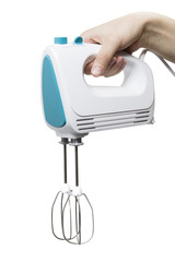 Electric food mixer in hand on white background