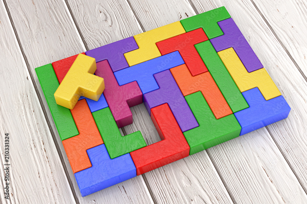 Poster Logical Thinking Concept. Different Colorful Shapes Wooden Blocks. 3d Rendering