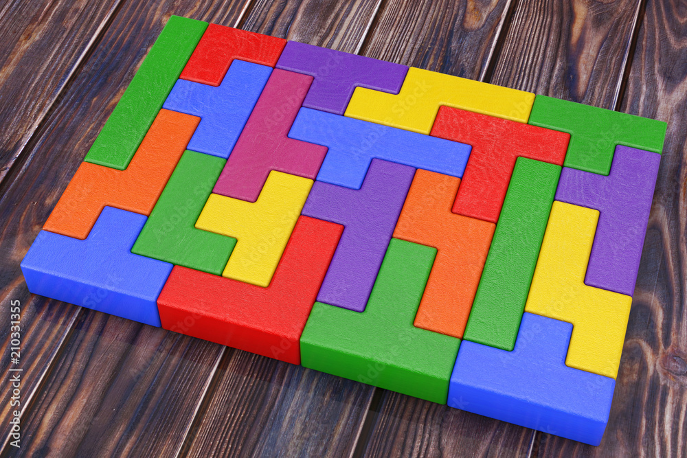 Aufkleber Logical Thinking Concept. Different Colorful Shapes Wooden Blocks. 3d Rendering