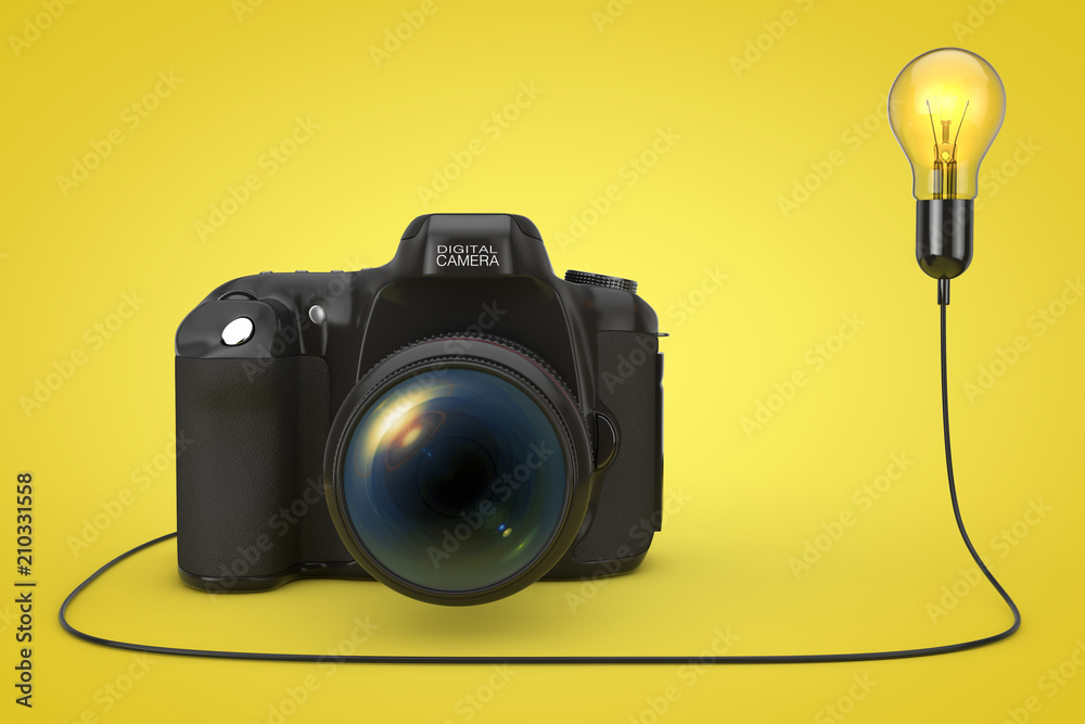 Aufkleber modern digital photo camera connected to creative idea light bulb. 3d rendering
