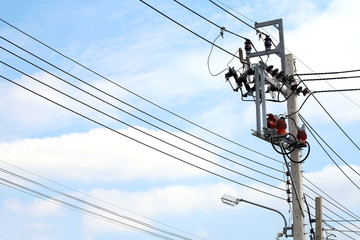 Electric pole power Tangle wire danger, wire electrical energy at street road on sky background
