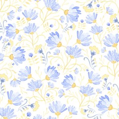 Seamless Watercolor background with floral patterns. Blue tulips, chamomile, leaves. Summer ornament. It can be used for wallpaper, printing on the packaging paper, textiles.